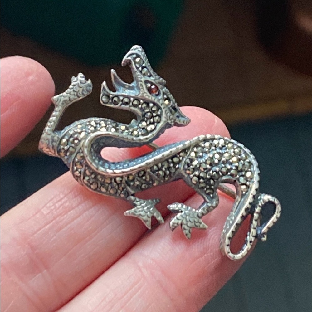 Vintage 925 Sterling Marcasite Garnet Eye  Dragon Brooch Pin